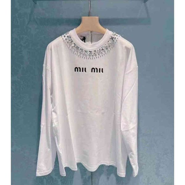 

women's t-shirt early spring hand nailed drill long sleeve round neck t-shirt with back zipper letter printing 47n6, White