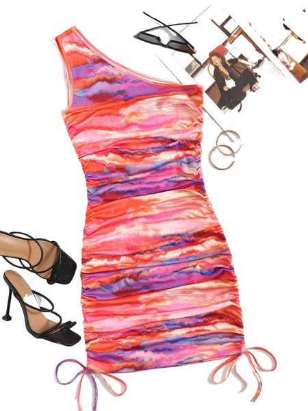 

tie dye one shoulder drawstring hem bodycon dress k8nw#, Black;gray