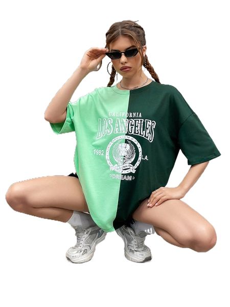 

letter and eagle print two tone drop shoulder tee t3df#, White