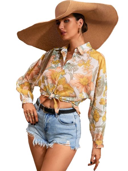 

random floral print split hem batwing sleeve chiffon blouse m6li#, White