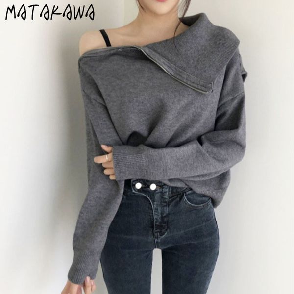 

highneck side zipper offshoulder sweater women autumn winter korean fashion sense thickened twowear pullovers 210506, White;black