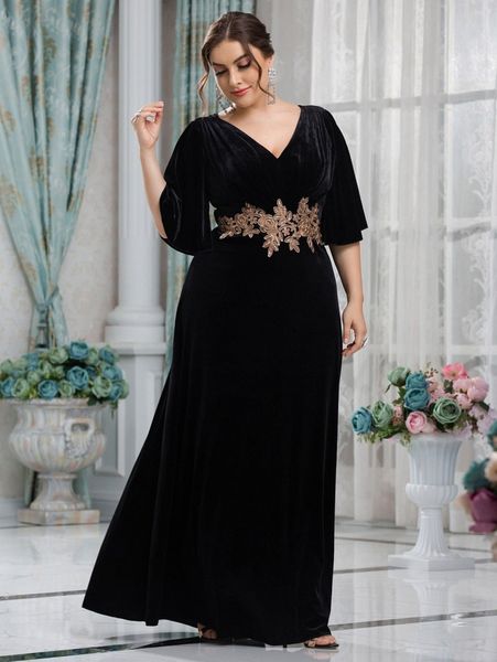 

plus floral embroidery appliques velvet dress y6xi#, Black
