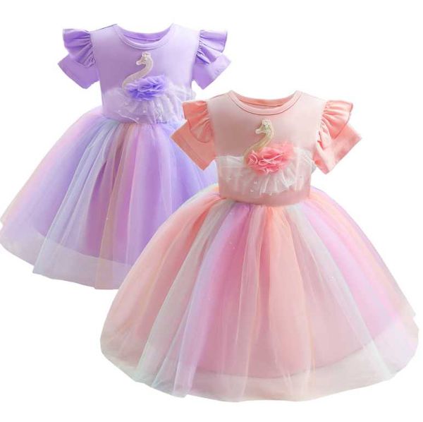 

baby girls summer short sleeve dress for girls formal wedding puffy mesh party dresses kids princess christmas costume children clothing, Red;yellow