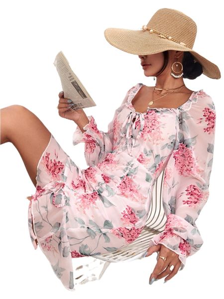 

allover floral print knot frill flounce sleeve dress 2389#, Black;gray