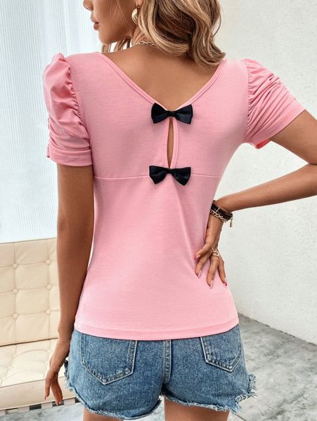

puff sleeve square neck bow back tee w94z#, White