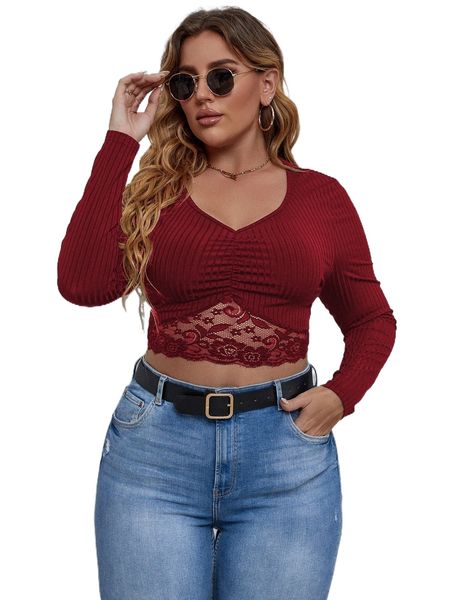 

plus contrast lace ruched crop tee t14h#, Black