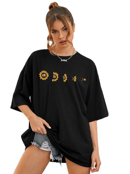 

moon and sunflower print drop shoulder oversized tee f5go#, White