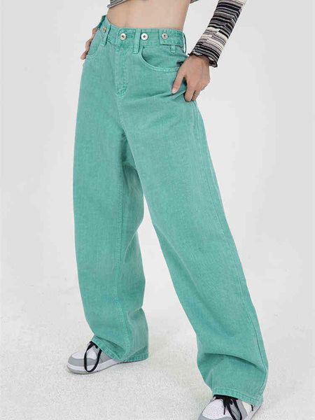 Candy Green Jeans Donna Estate Parte sottile Allentato American Retro Washed Vita alta Dritto Tubi larghi Pantaloni denim Donna L220726