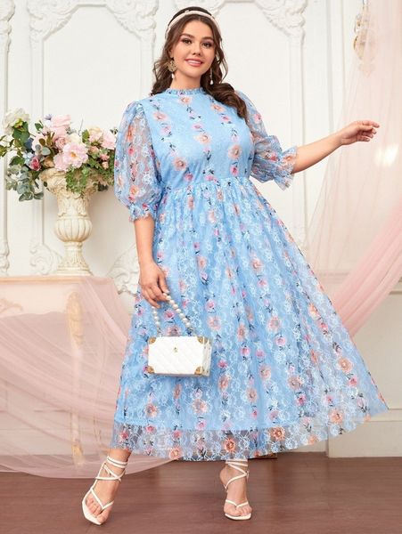 

plus floral print frill trim puff sleeve lace dress 36r8#, Black