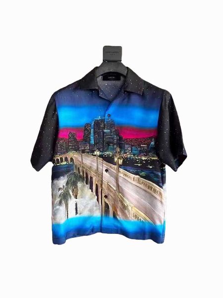 

original new miri 22ss city night view neon city night bridge metropolis short sleeved shirt, White;black