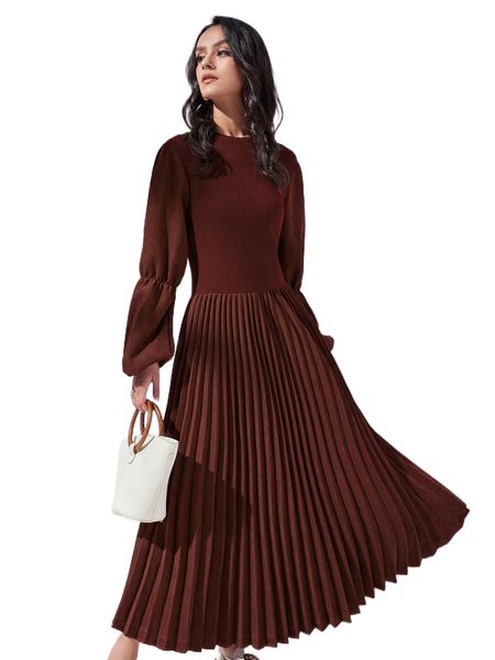 

gathered sleeve pleated hem sweater dress without belt b8ri#, White;black