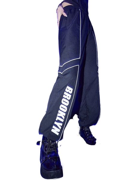 

romwe cyber luvr letter contrast binding pants b6nt#, Black;white