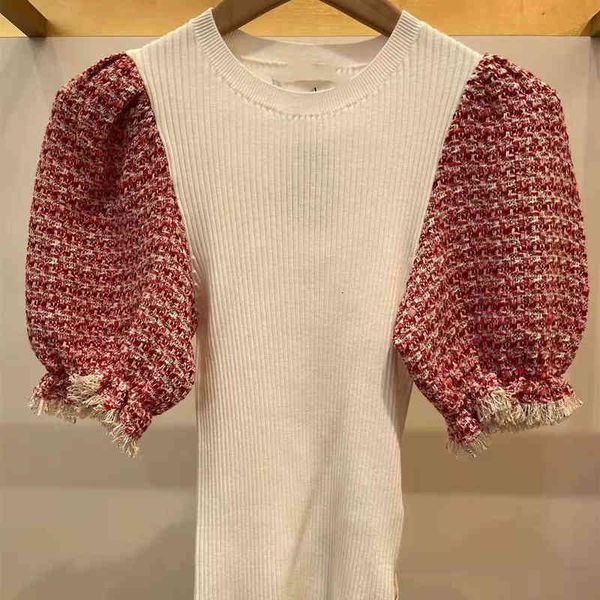 

women's knits tees spring and summer french tweed splicing knitted top, White