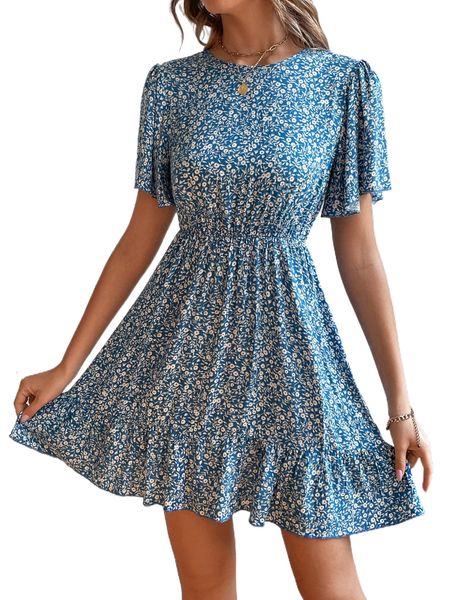 

ditsy floral butterfly sleeve ruffle hem dress l3de#, Black;gray