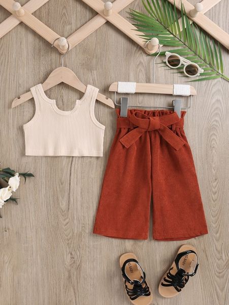 

toddler girls notched neck tank & paperbag waist belted shorts she, White