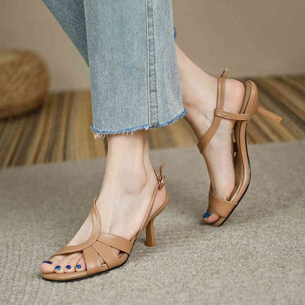 

sandals roman sandals women's head wine glass heel elegant and simple ol commuting 34 dock layer cowhide shoes rrnm, Black