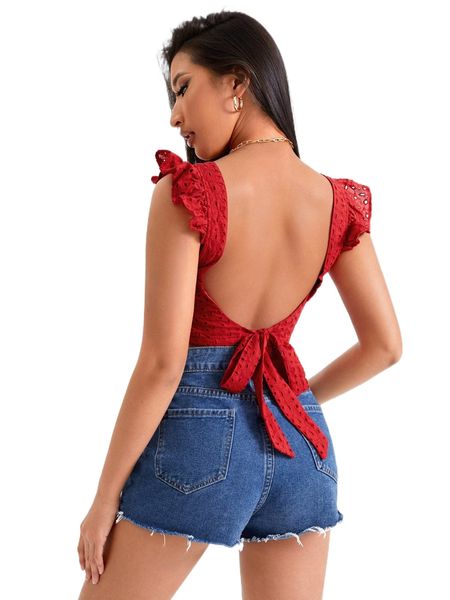 

ruffle trim tied open back schiffy crop e8s5#, White