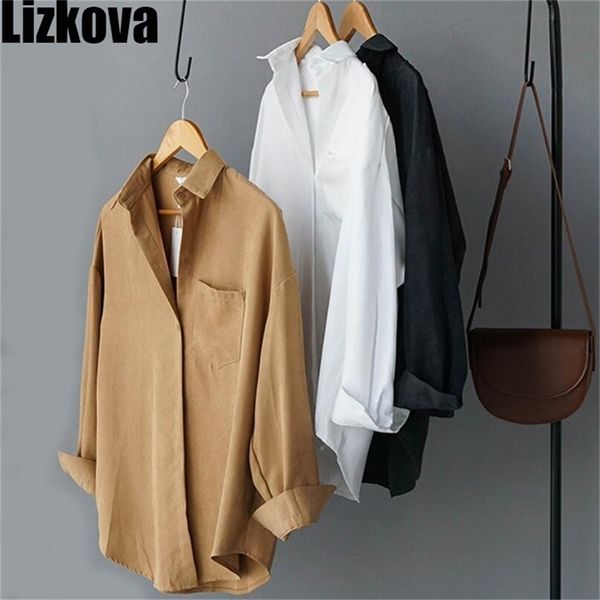 Lizkova Camicetta bianca Donna Camicia formale a maniche lunghe in pelle scamosciata Camicetta da donna con risvolto a molla Streetwear LJ200811