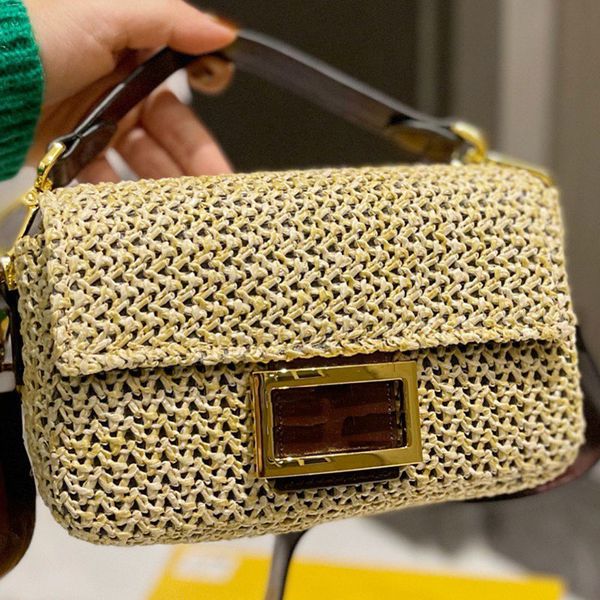 

straw bag baguette handbag weave crossbody bags women flap wallet two genuine leather shoulders strap interior zipper pocket middle ancient