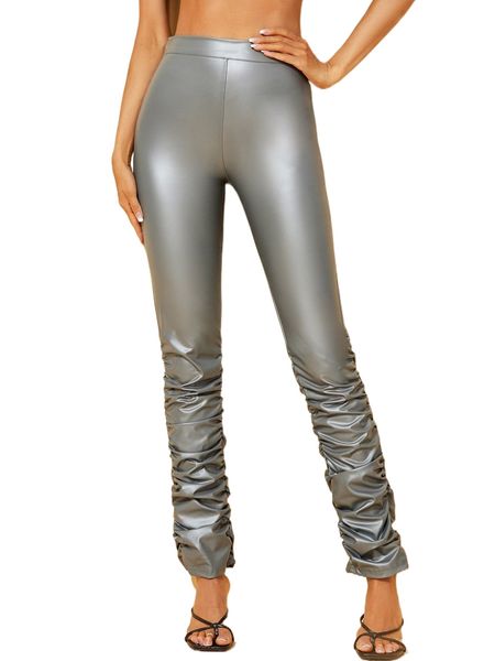 

high waist stacked pu leather pants 90gm#, Black;white