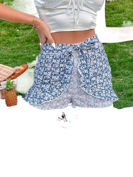 

ditsy floral tie front 2 in 1 shorts z3oq#, White;black