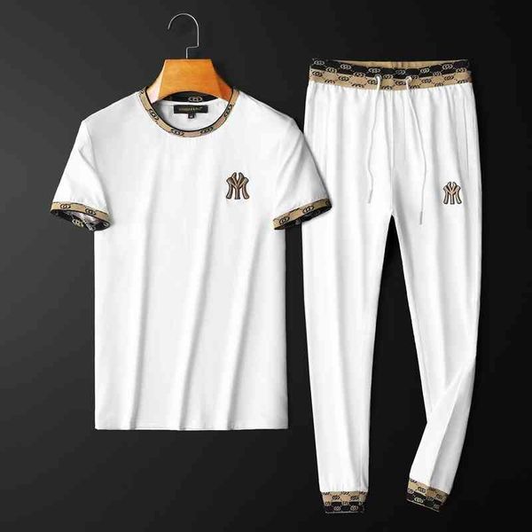 

men's sports fashion trend brand clothing 2022 summer new round mercerized cotton short sleeve t-shirt leisure suit, Gray