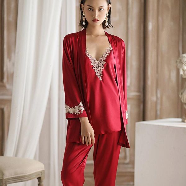 

lace trimmed pajama womens sleepwear set for women autumn long sleeve silk pyjamas soft casual homewear 3pcs pijama, Black;red