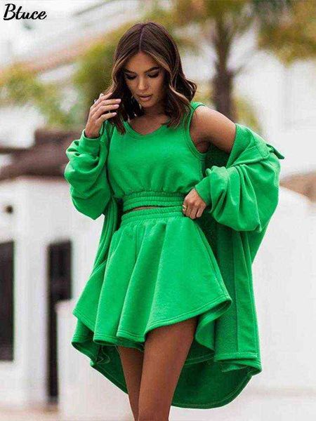 

women's loose suits with shorts green oversized tracksuit 3 pieces set female long sleeve crop vest mini shorts outfits t220729, Gray