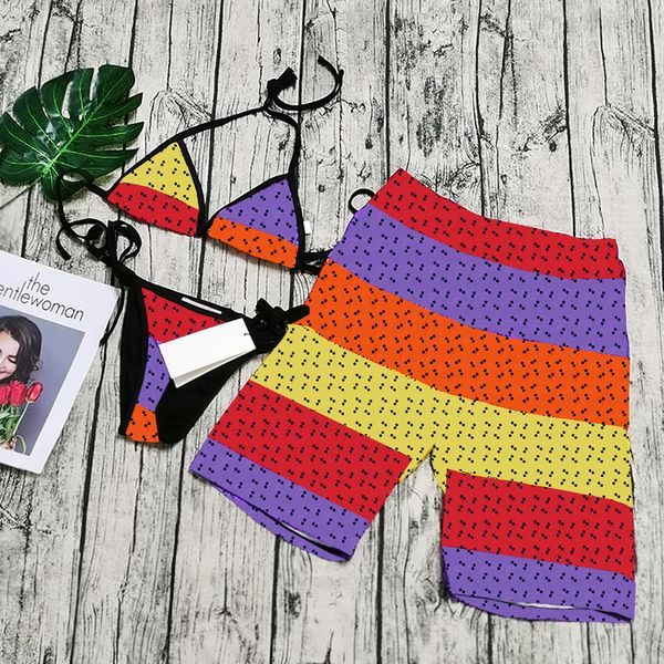 Paar Hooneymoon Seaside Bademode Herren Badehose Damen Schnür-Bikini-Set Brief Mehrfarbig Elastisch Badeanzug Strandhose für den Urlaub
