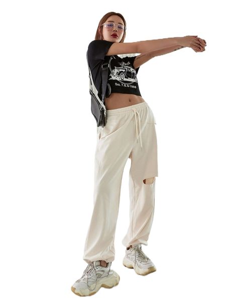

dazy tie waist cut out pants v4i9#, Black;white