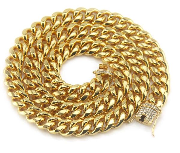 

18k gold plated trendy men's domineering chains cuban hip hop diamond studded buckle necklace, Silver