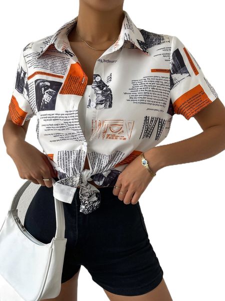 

slogan graphic button up shirt 05vm#, White