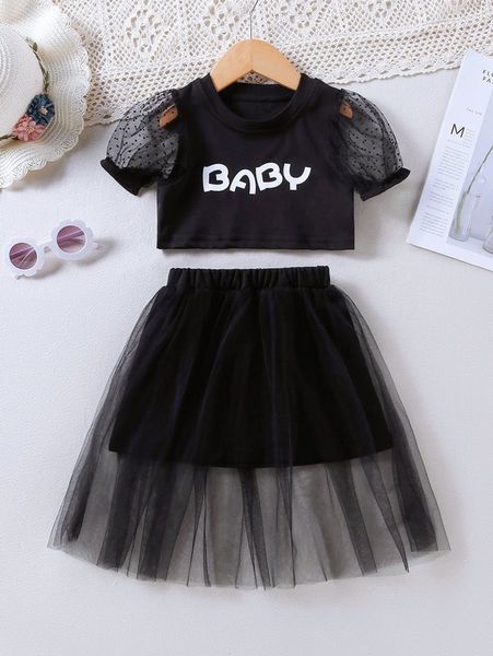 

toddler girls letter graphic dobby mesh puff sleeve & skirt she, White