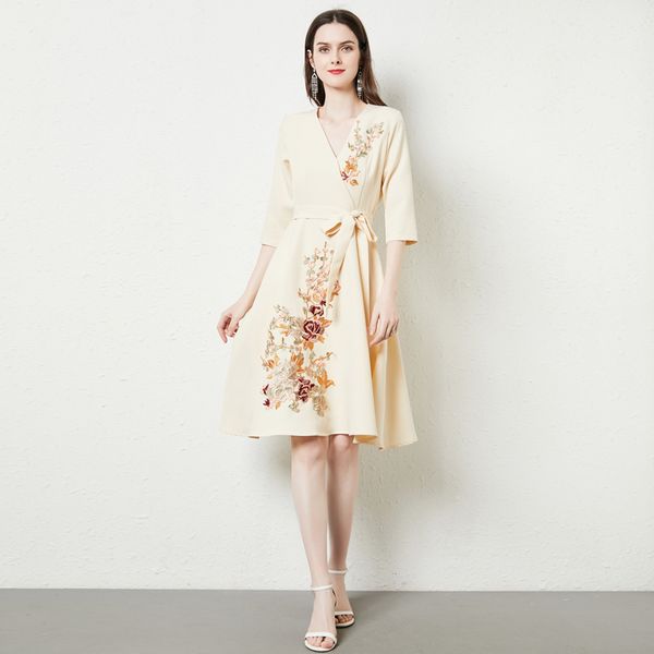 

2022 floral bow lace up white midi dress long sleeve women designer v-neck holiday prom dresses runway women clothes spring autumn print sli, Black;gray
