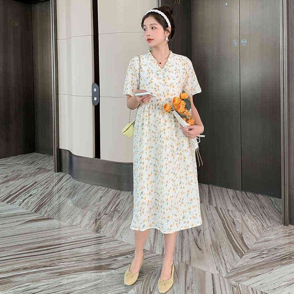 

maternity summer loose floral dress short sleeves j220628, White