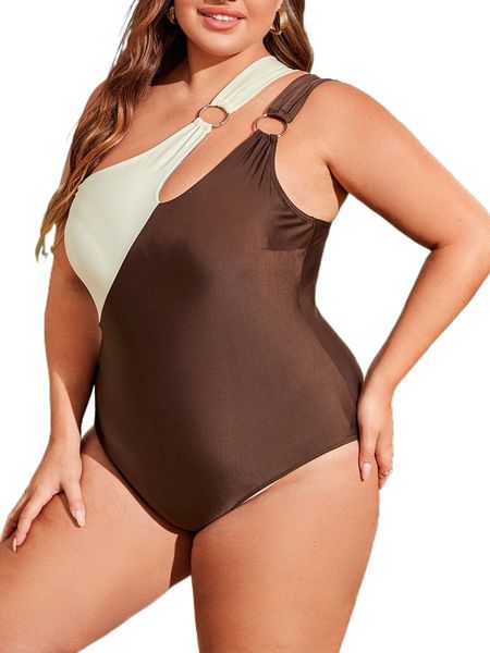 

plus two tone o-ring one shoulder one piece swimsuit l9ai#, White;black