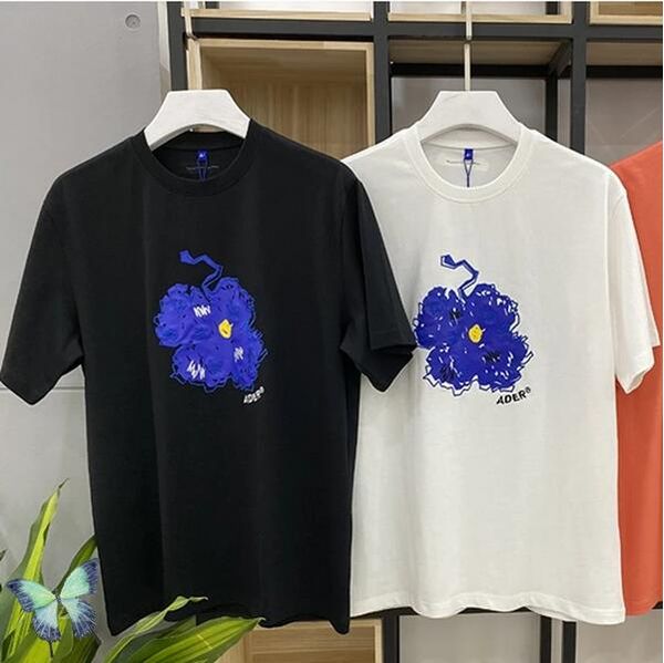 

blue flower embroidered graffiti short sleeve t-shirt black white, White;black
