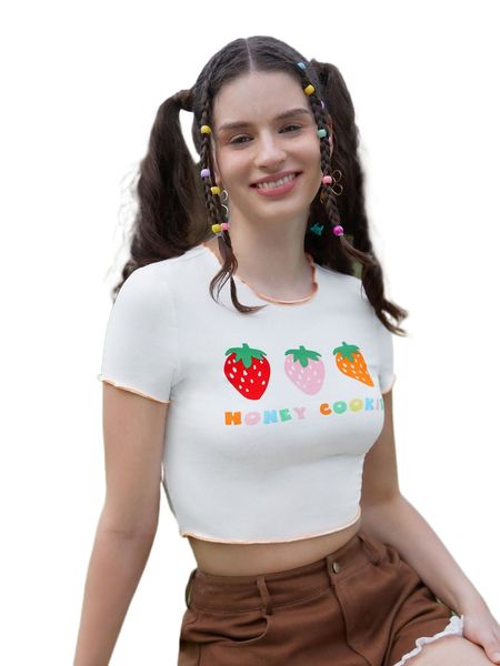 

mod letter & strawberry print lettuce trim tee h8wf#, White