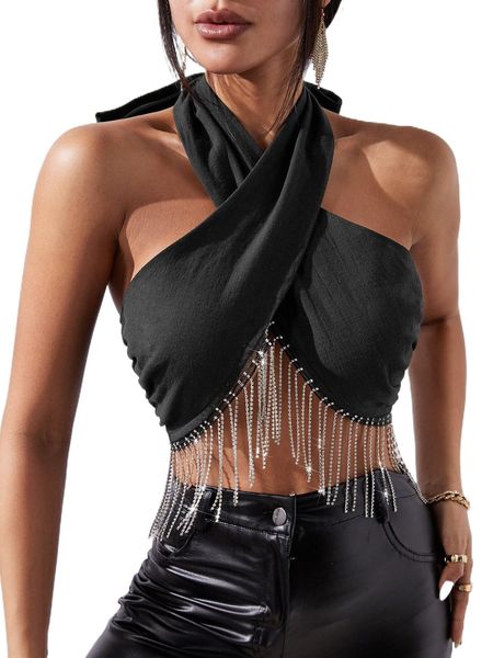 

tie backless crisscross rhinestone fringe hem halter p5js#, White