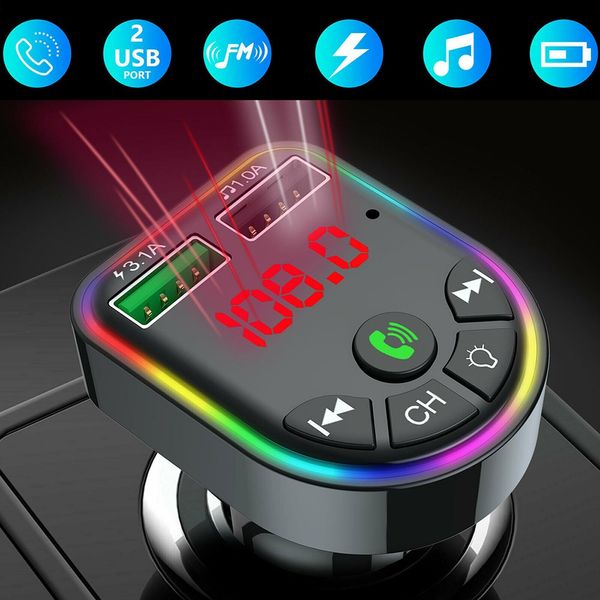 Luce ambientale Trasmettitore FM Bluetooth 5.0 Kit per auto Bluetooth Lettore MP3 Adattatore radio wireless 2 Caricatore USB Accendisigari