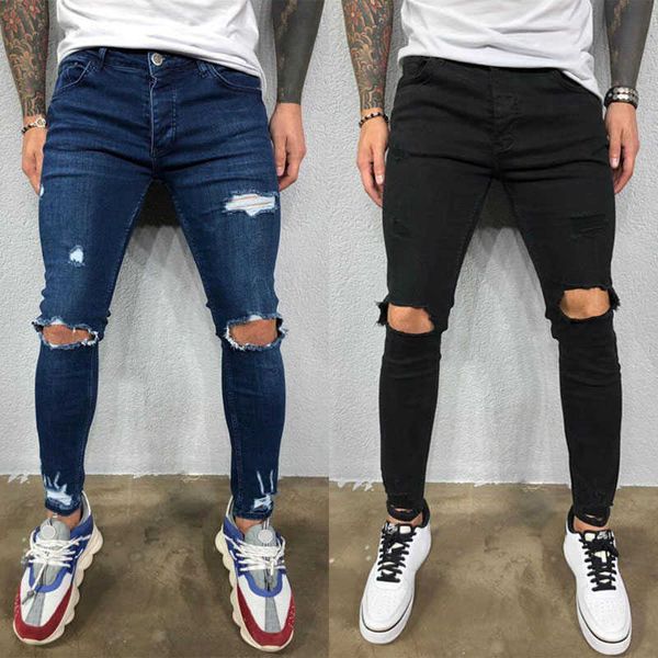 

new arrival mens ripped stretch jeans mens with small feet ripped pant fashion quality jean 2 colors size s-3xl, Blue