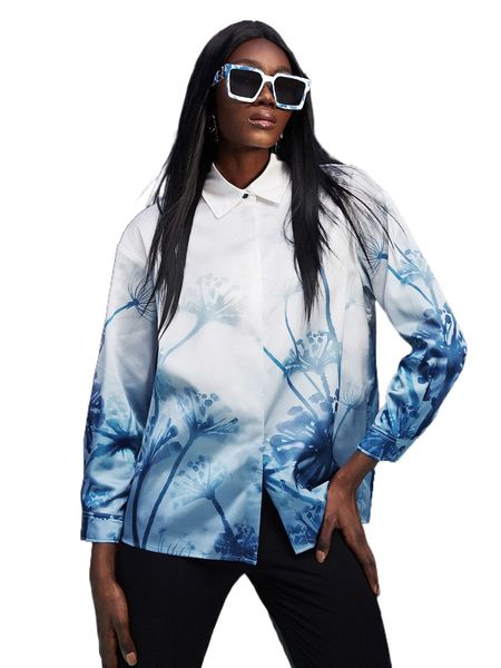 

plants print drop shoulder single breasted blouse p4pn#, White