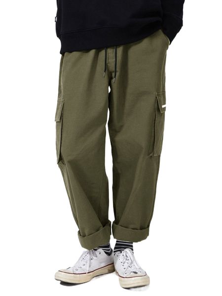 

men contrast tape drawstring waist cargo pants j5x3#, Black