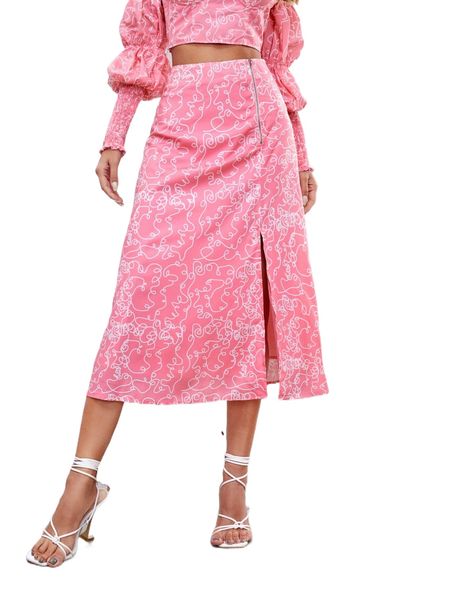 

x cute-saint allover print zipper placket split thigh skirt j4n4#, Black