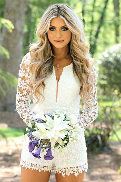 Короткое комбинезон -цветочное кружевное свадебное платье для женщин с длинными рукавами.