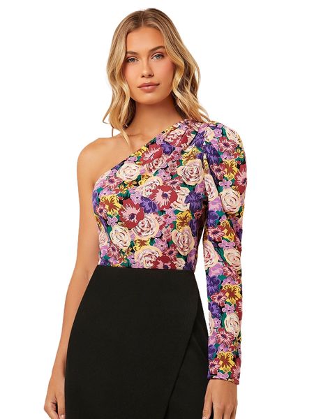 

one shoulder gigot sleeve floral 40vs#, White