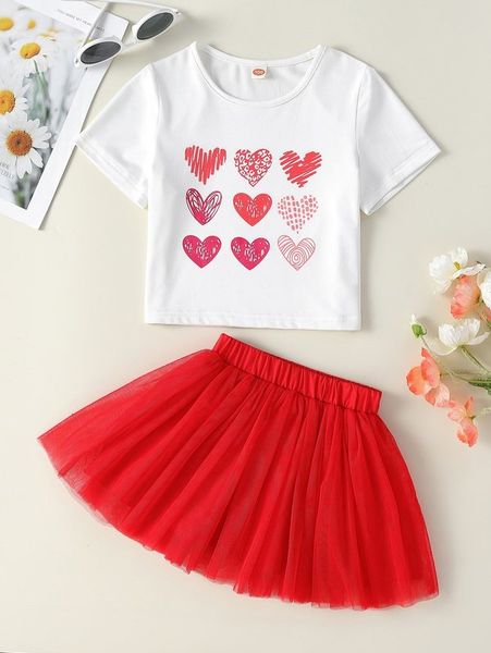 

toddler girls heart print tee & mesh flare skirt she, White