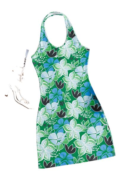 

floral print halter dress w6sk#, Black;gray