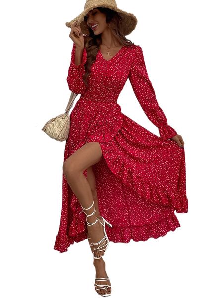 

polka dot print flounce sleeve split thigh dress y4ki#, Black;gray
