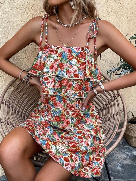 

floral print tie shoulder ruffle trim cami dress p1xw#, Black;gray